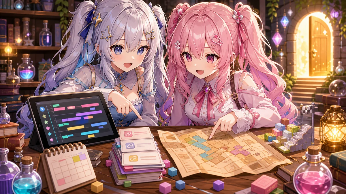 研究所の机で動画タイムラインと地図を見比べる女性キャラクターたちのイメージ