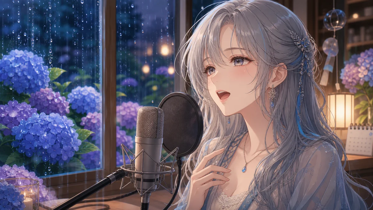 紫陽花の色を思わせる花と雨粒の背景で歌うオリジナル女性キャラクターのイメージ