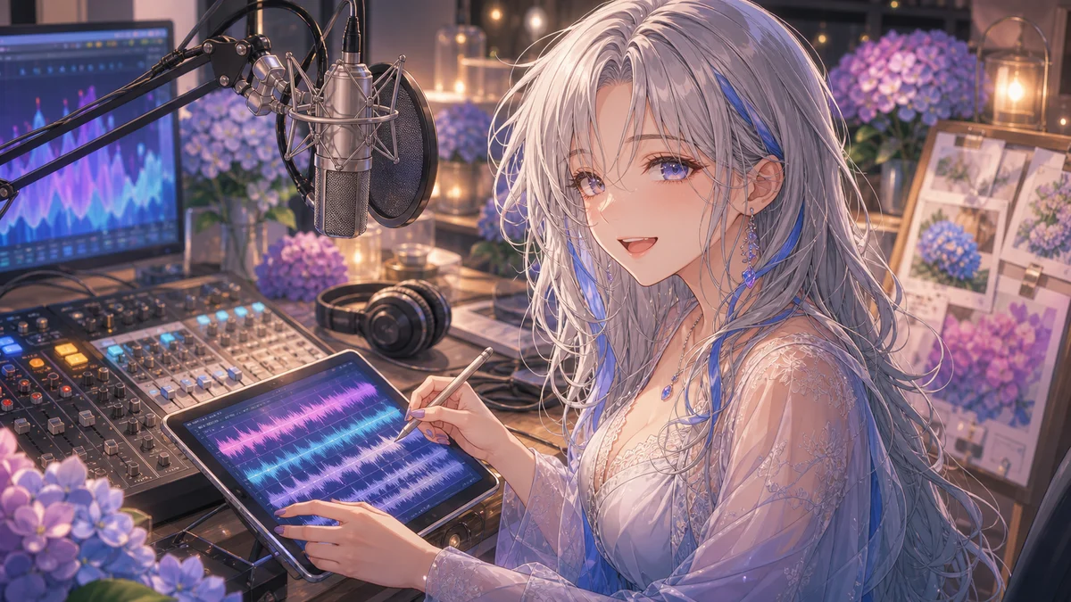 音楽制作の机にマイクと花の資料と編集画面が並ぶかわいいサムネイル風イラスト