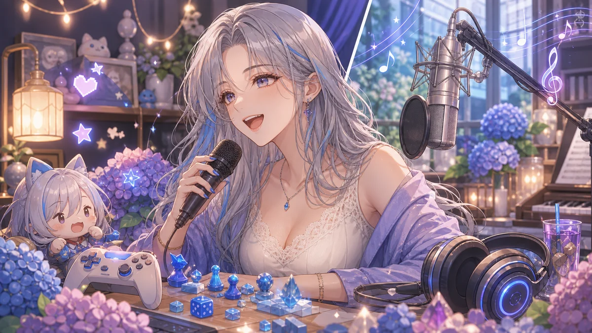 ゲーム配信の青いコマと花のマイクが同じ机に置かれた明るいイラスト