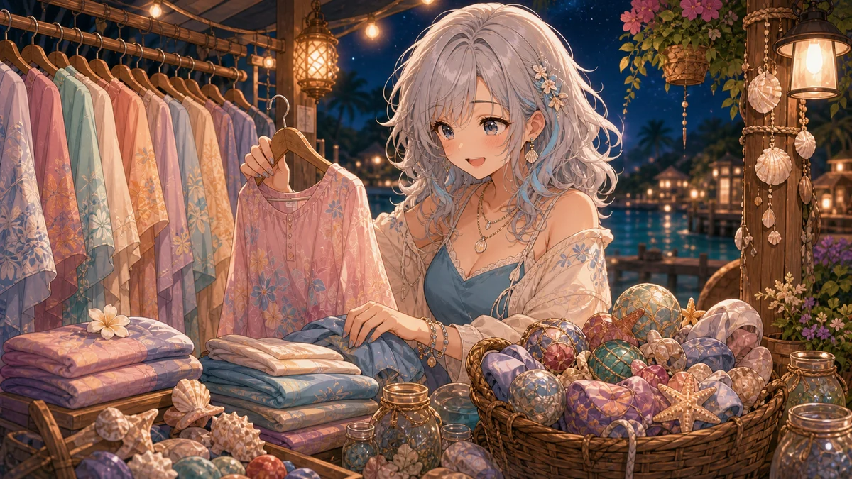 服の露店と島の持ち物を前に考え込む明るい髪のオリジナル女性キャラクターのイメージ