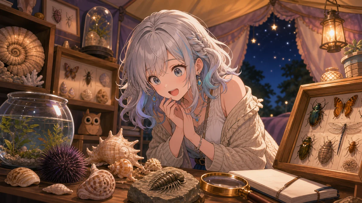 博物館のテントで海の幸や虫の標本を見ながら驚くオリジナル女性キャラクターのイメージ