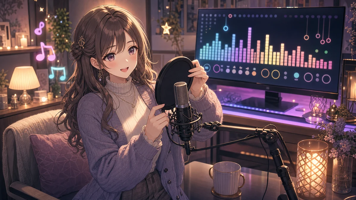 配信机の前で音量メーターと軽い演出設定を確認する女性キャラクターのイメージ