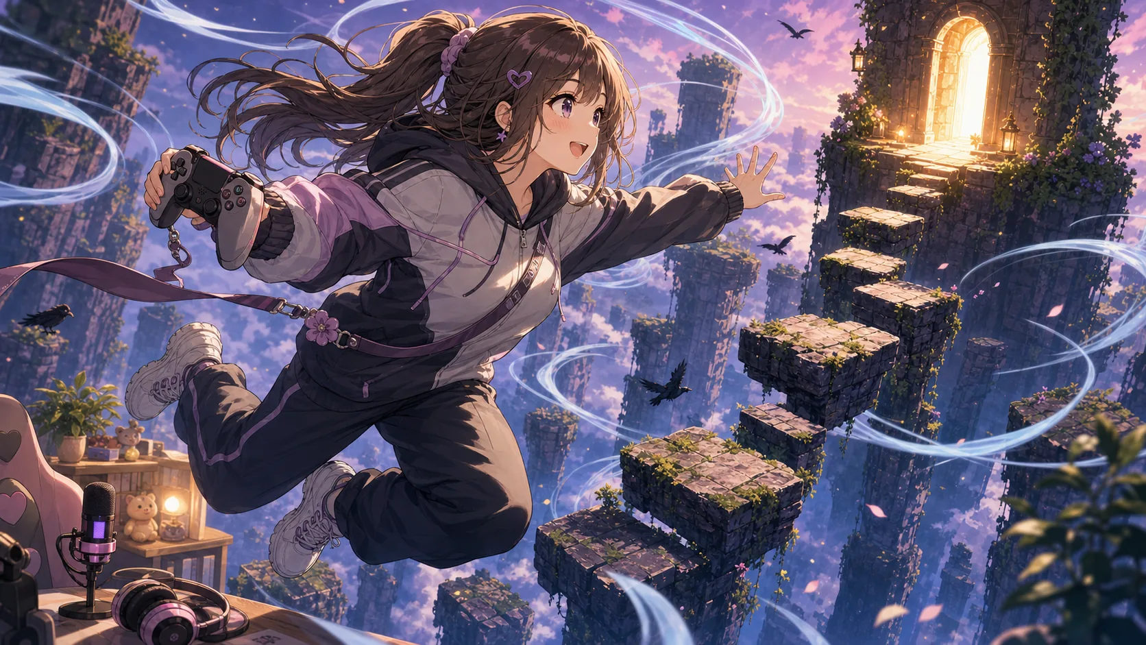 風の流れを読む足場と新しいページへの入口を見上げるオリジナル女性キャラクターのイメージ
