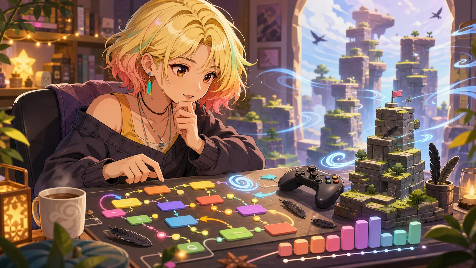 配信デスクで風の流れと足場のメモを整理する金髪の女性キャラクターのイメージ