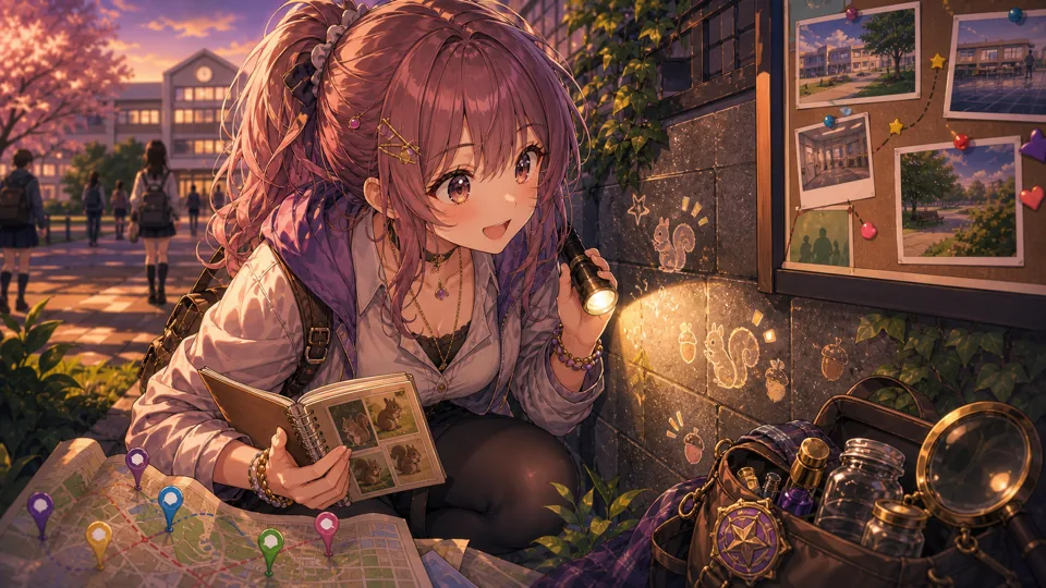 学校とリスの落書き風の謎を見つけるオリジナルキャラクター