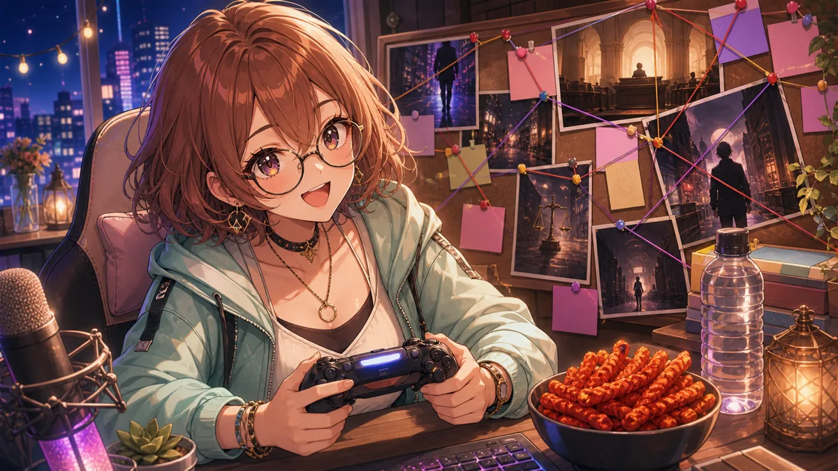 配信デスクでゲームコントローラーを持つ女性キャラクターと、事件整理ボード、辛いスナック、水のボトル