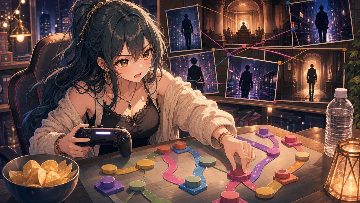 カラフルなルート図を前にコントローラーを持つ女性キャラクターと、法廷や夜の街の資料ボード
