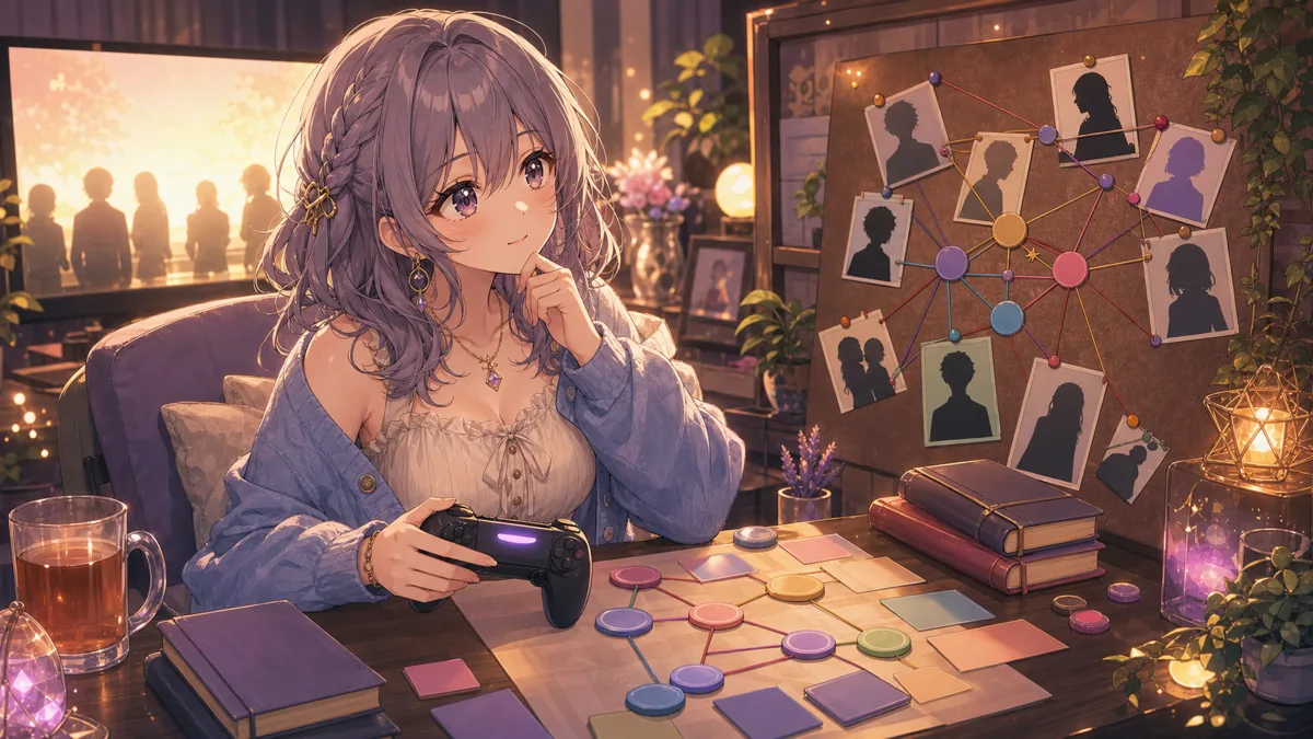 コントローラーを手に考え込む女性キャラクターと、人物相関図や夕暮れのモニター