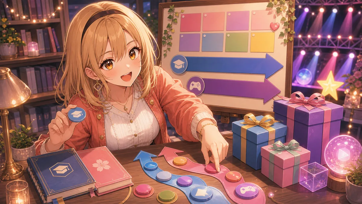 配信部屋で進行ルートを指す女性キャラクターと、ステージ照明、プレゼント箱、予定ボード