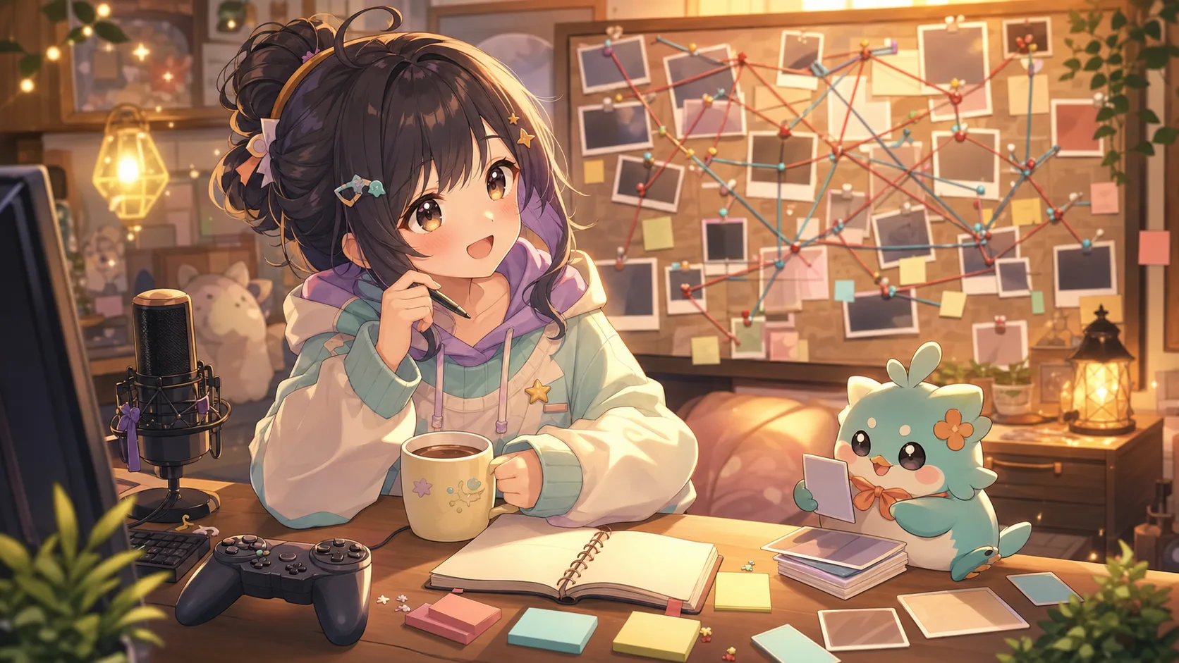 配信机で事件の関係図を整理するオリジナルキャラクターのイメージ