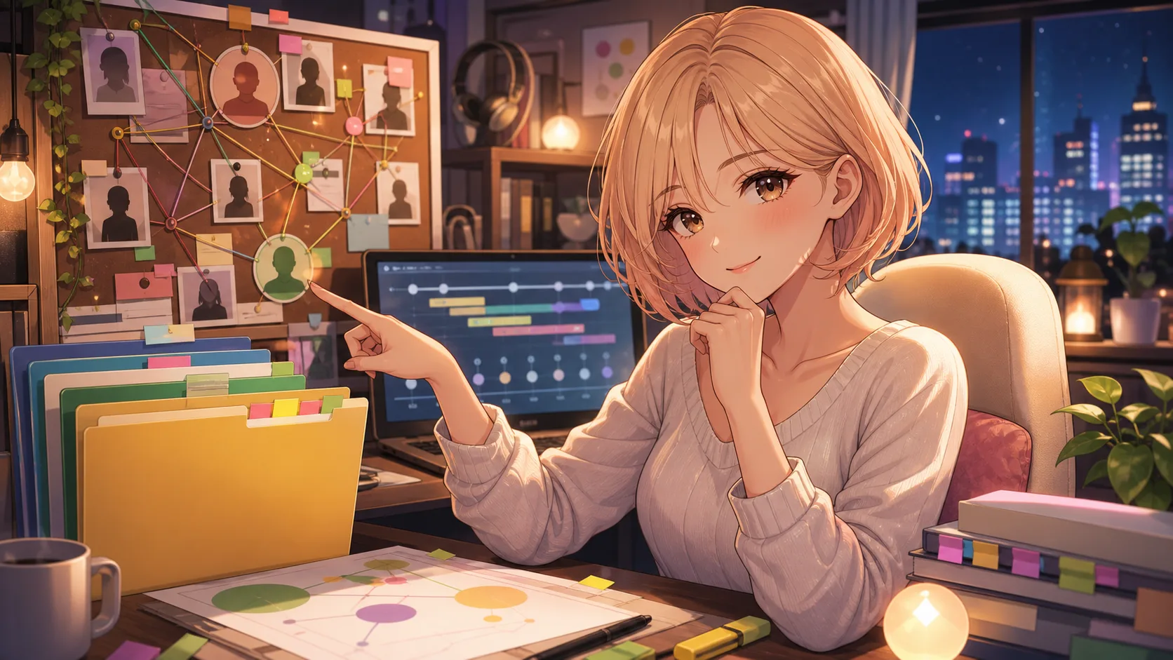 配信後の机で人物関係と公式アーカイブの確認先を整理するオリジナルキャラクターのイメージ
