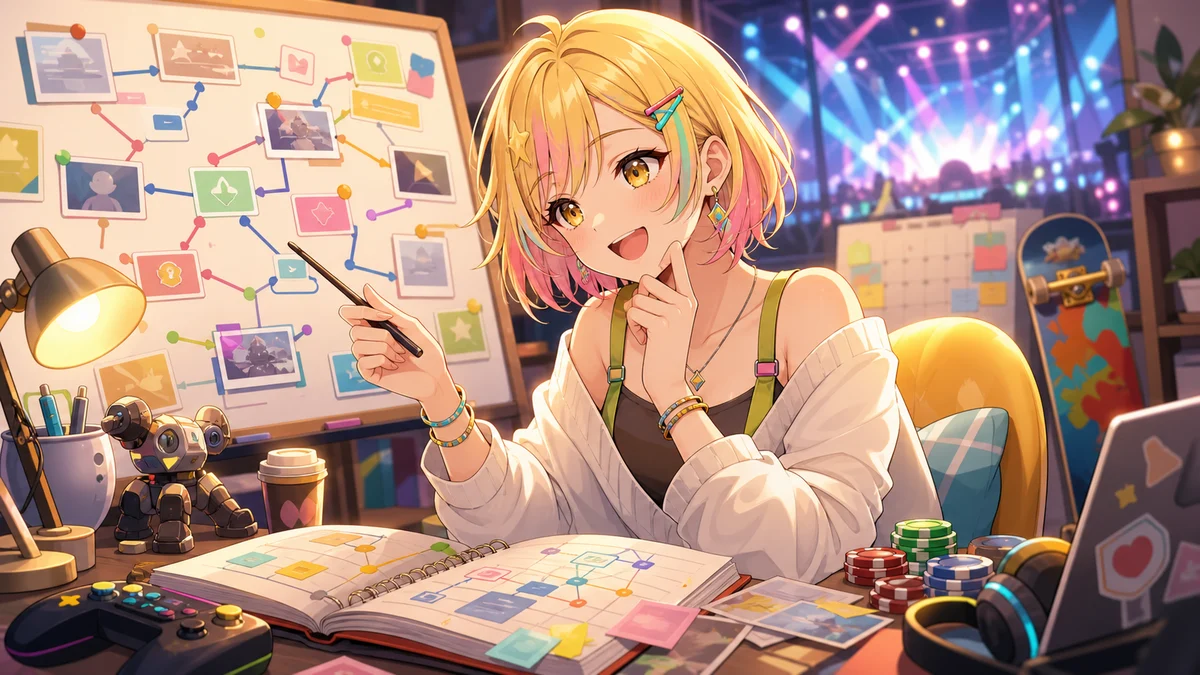調査ボードと配信小物を前に整理する金髪の女性キャラクター