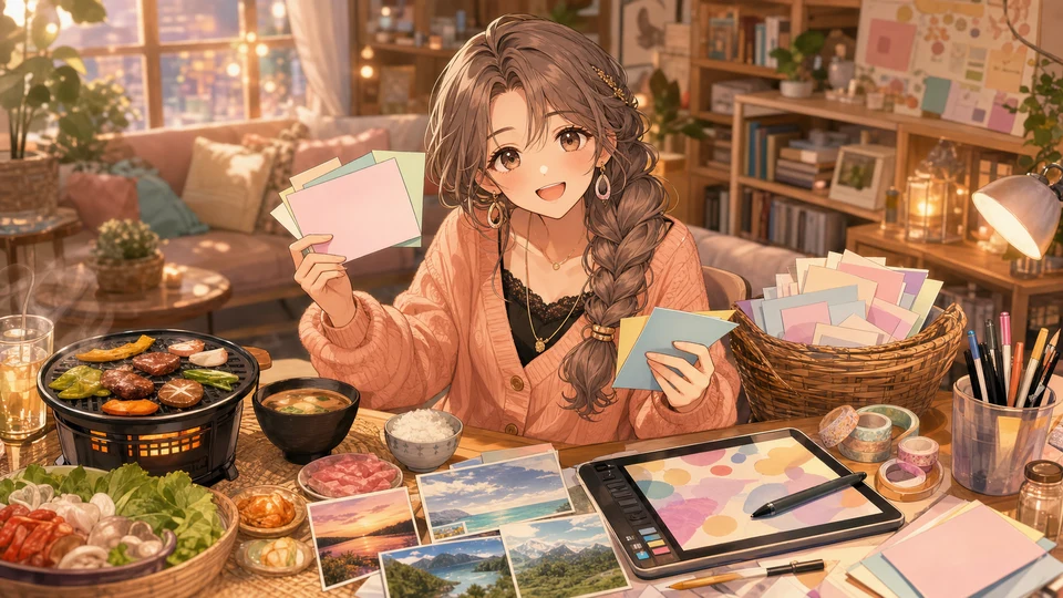 お便りカード、焼肉の小皿、動画編集画面、旅の写真を机に並べて笑うオリジナル女性キャラクターのイメージ