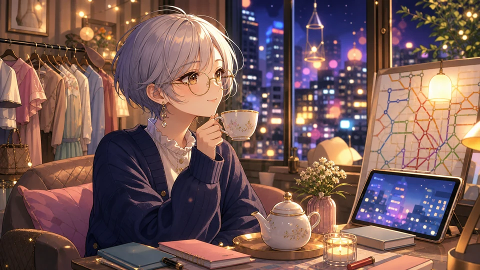 カフェの紅茶、アニメ視聴メモ、都会の駅案内、夜景の小物を背景に考え込むオリジナル女性キャラクターのイメージ