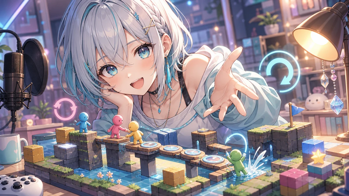 小さな足場とタイミングメモを前に励まし合うかわいいオリジナルキャラクターたちのイメージ