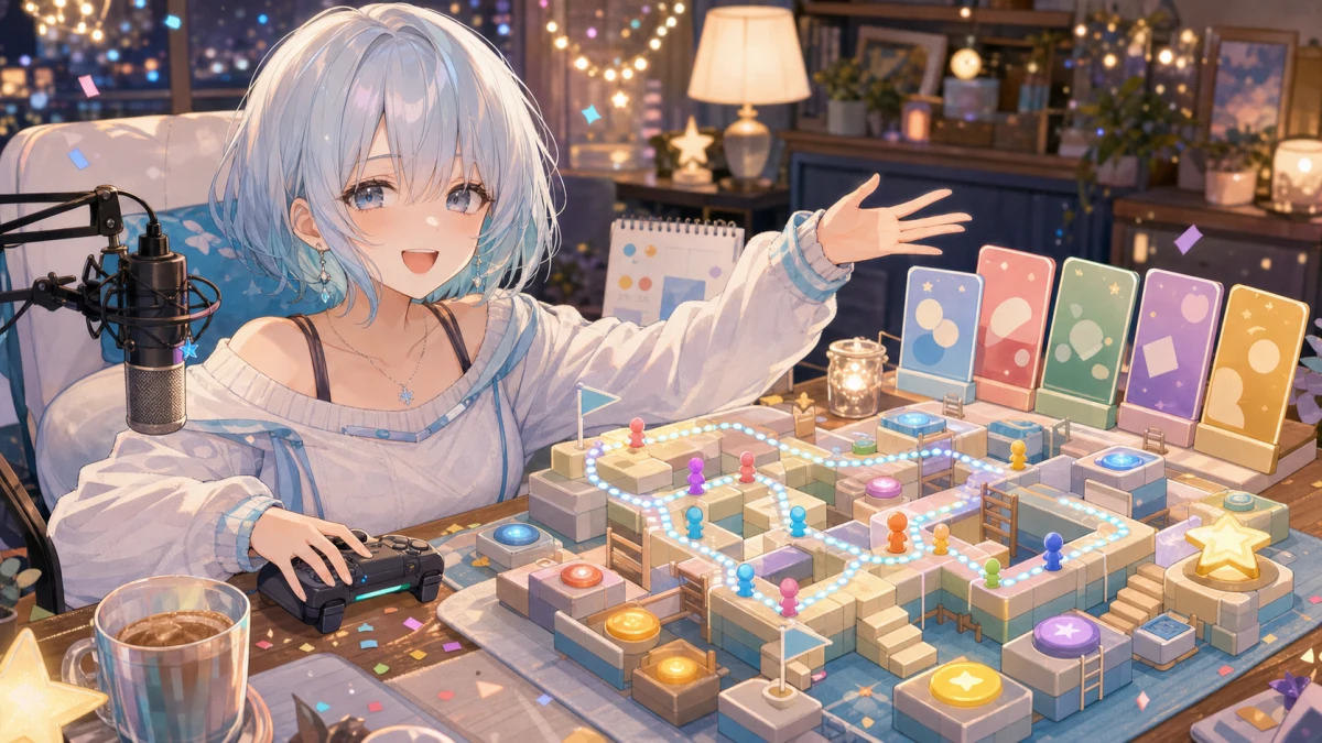 明るい配信部屋で全レベルクリアの余韻と次に遊ぶ候補を整理するかわいいオリジナルキャラクターのイメージ