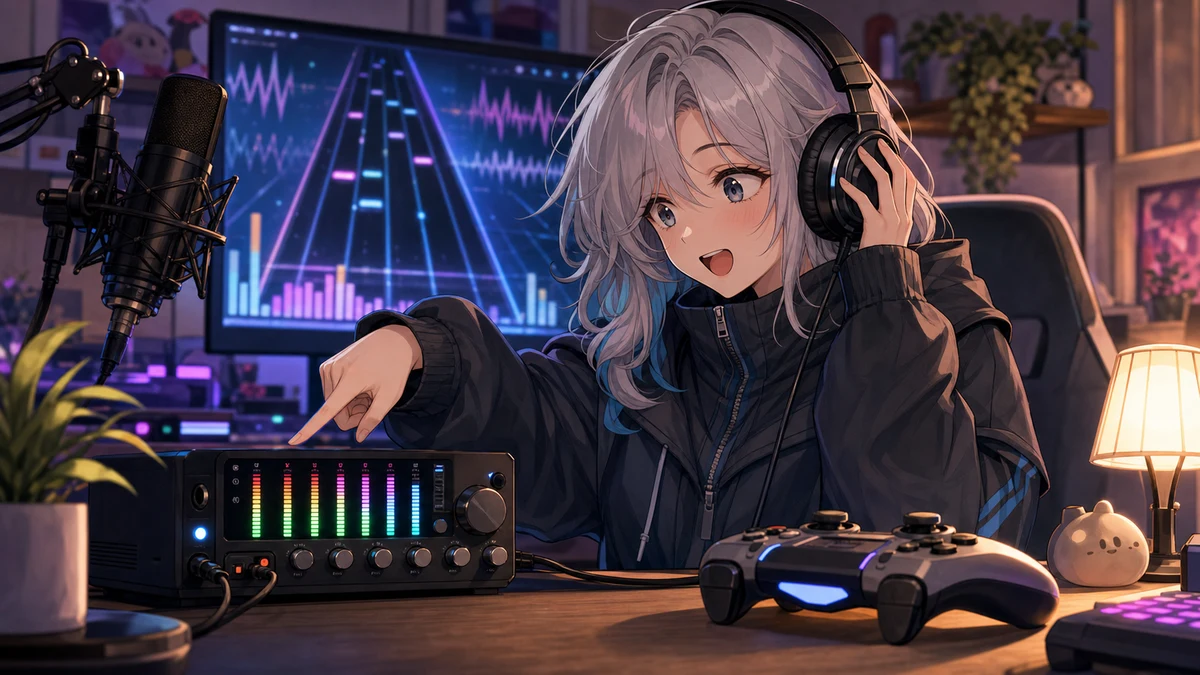 配信机の前で音量メーターとゲームパッドを確認するオリジナル女性キャラクターのイメージ