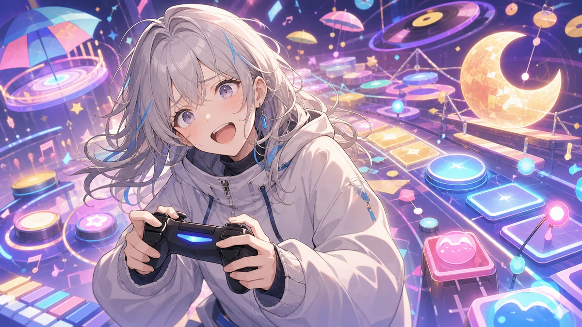 カラフルな抽象リズムステージで複数の小さなゲーム風小物に囲まれるオリジナル女性キャラクターのイメージ