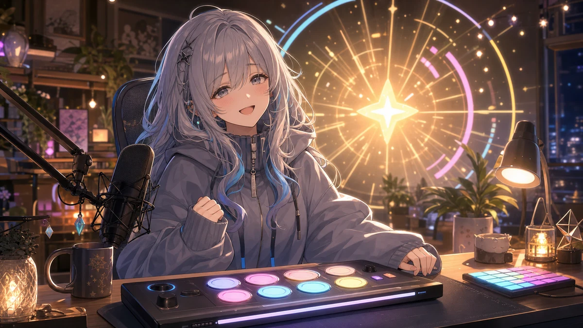 夜の配信部屋でリズムゲームの結果メモとマイクを眺めるオリジナル女性キャラクターのイメージ