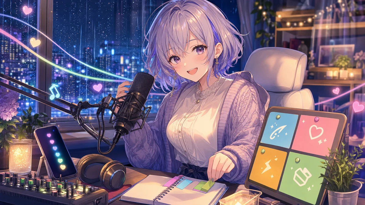 雨上がりの配信部屋でマイクとノートを前に活動導線を整理する人物キャラクターのイメージ
