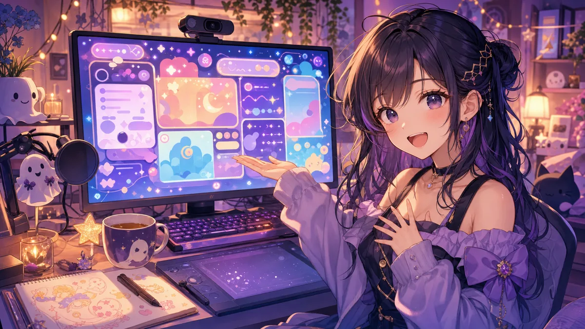 新しい配信レイアウトとコメント演出を見せながら近況を話す女性配信者風オリジナルキャラクターのイメージ