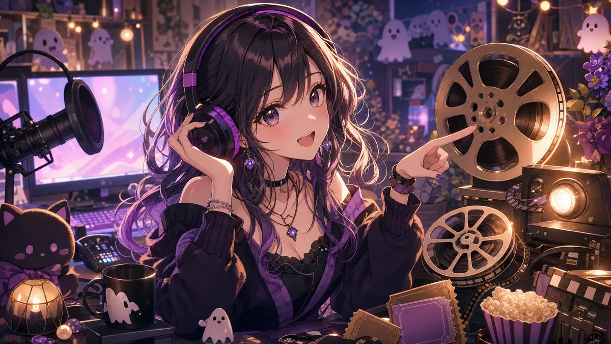 不穏な楽曲メモと映画チケットを前に語る女性配信者風オリジナルキャラクターのイメージ