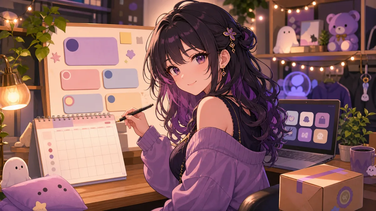 カレンダーと公式リンクの小物を並べて活動予定を整理する女性配信者風オリジナルキャラクターのイメージ