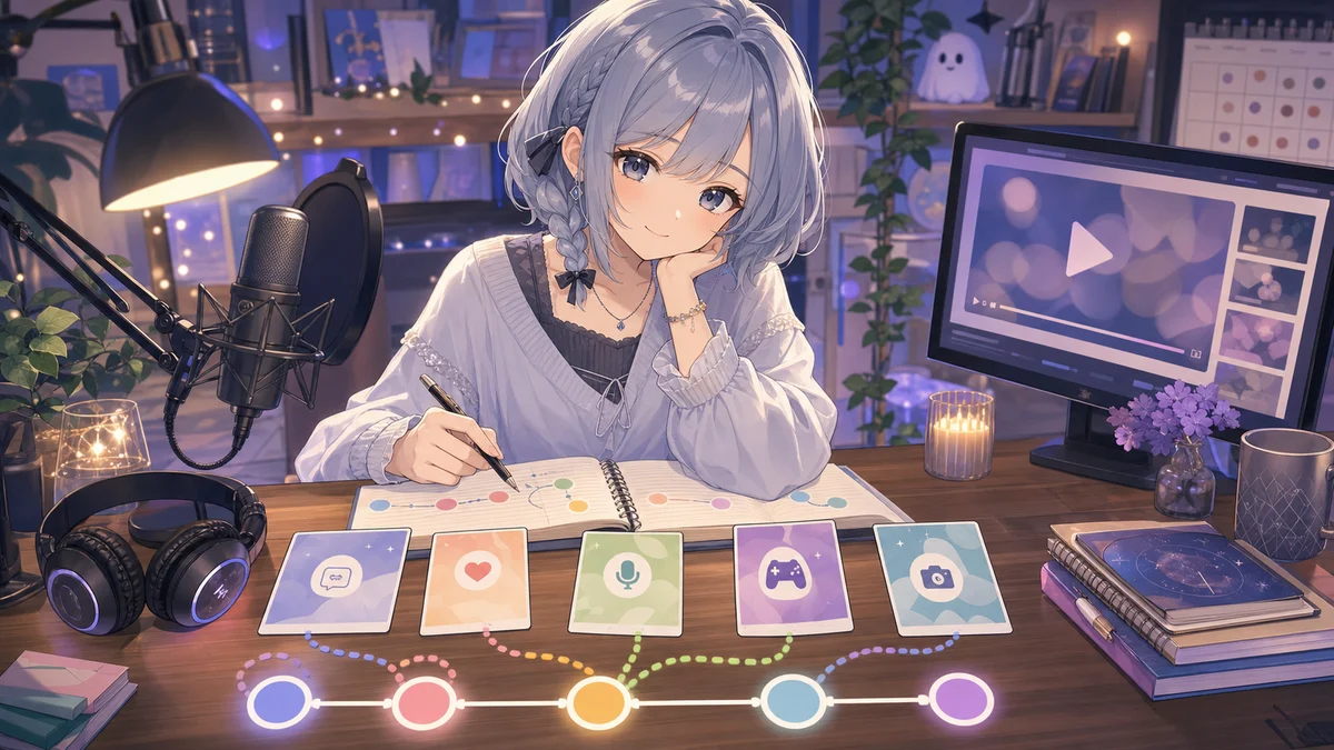 水色の髪のオリジナル女性キャラクターがノートと抽象カードで長い雑談の流れを整理するイメージ