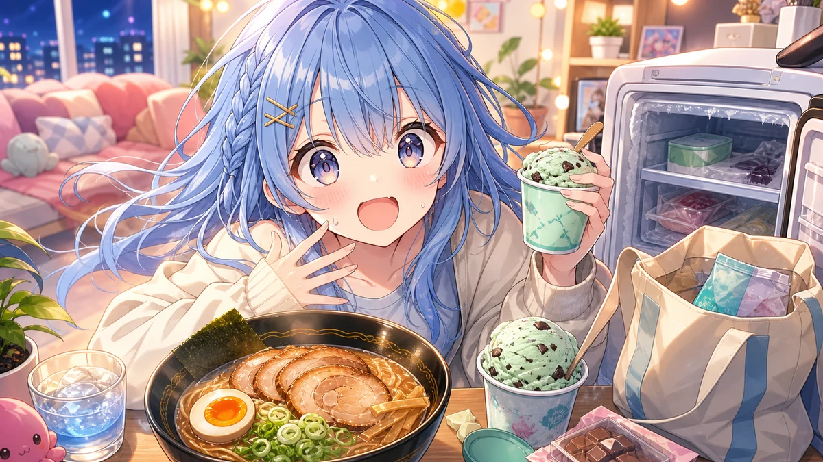 明るい配信部屋でラーメンの丼とミント色のアイスを前に慌てる女性キャラクターのイメージ