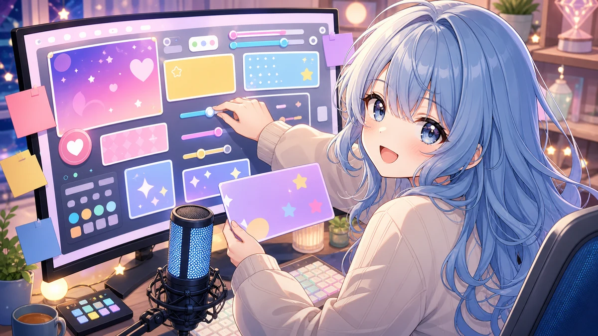 コメント欄の抽象UIとカラフルなメモを見ながら配信画面を整える女性キャラクターのイメージ