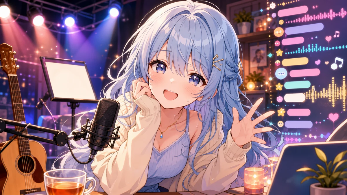 小さなステージライトとマイクの横で元気に話し続ける女性キャラクターのイメージ