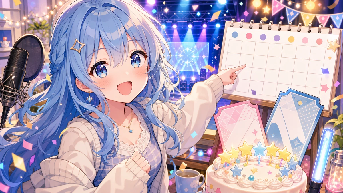 カレンダーとチケット、マイクを並べてライブ予定を案内する女性キャラクターのイメージ