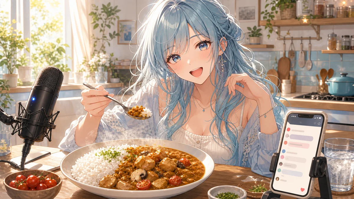 明るい朝の配信部屋で湯気の立つカレー皿とスマートフォンを前に笑う男性キャラクターのイメージ