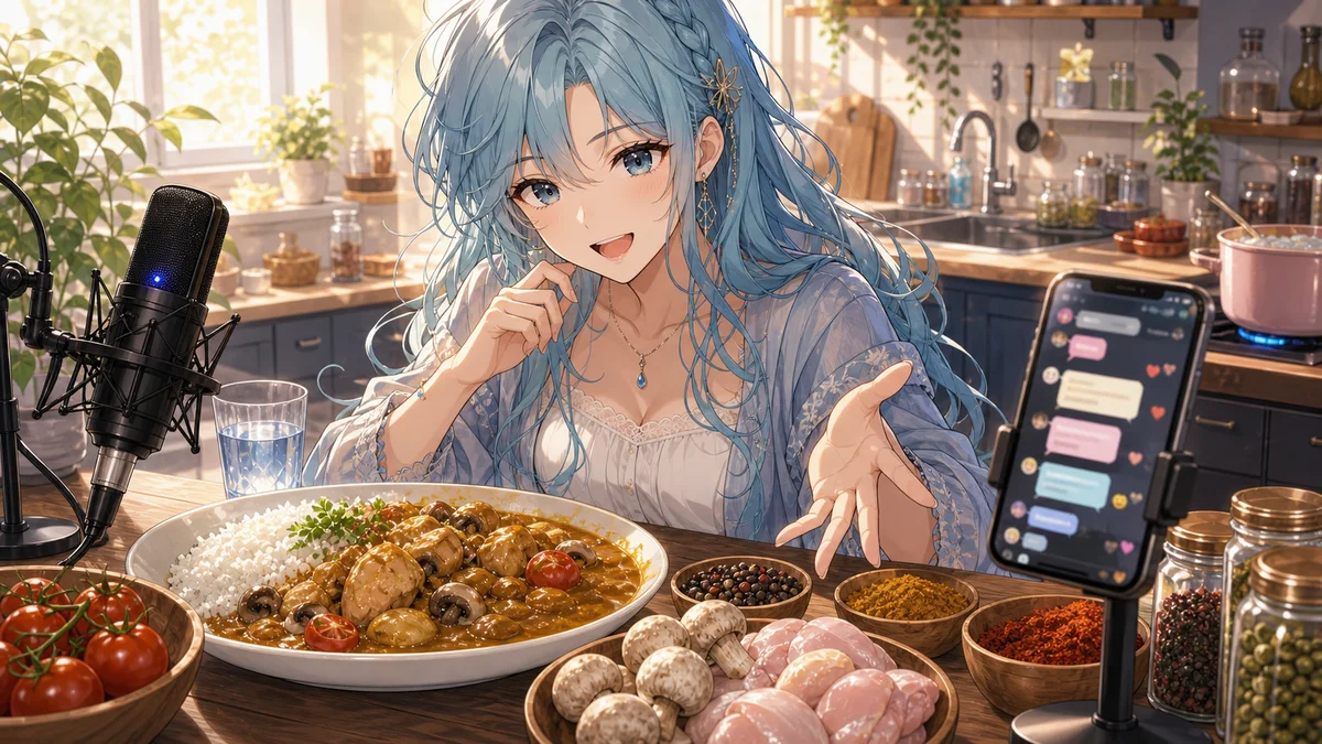 カレー皿の横にスパイス瓶、きのこ、トマト、鶏肉を並べてコメントを読む男性キャラクターのイメージ