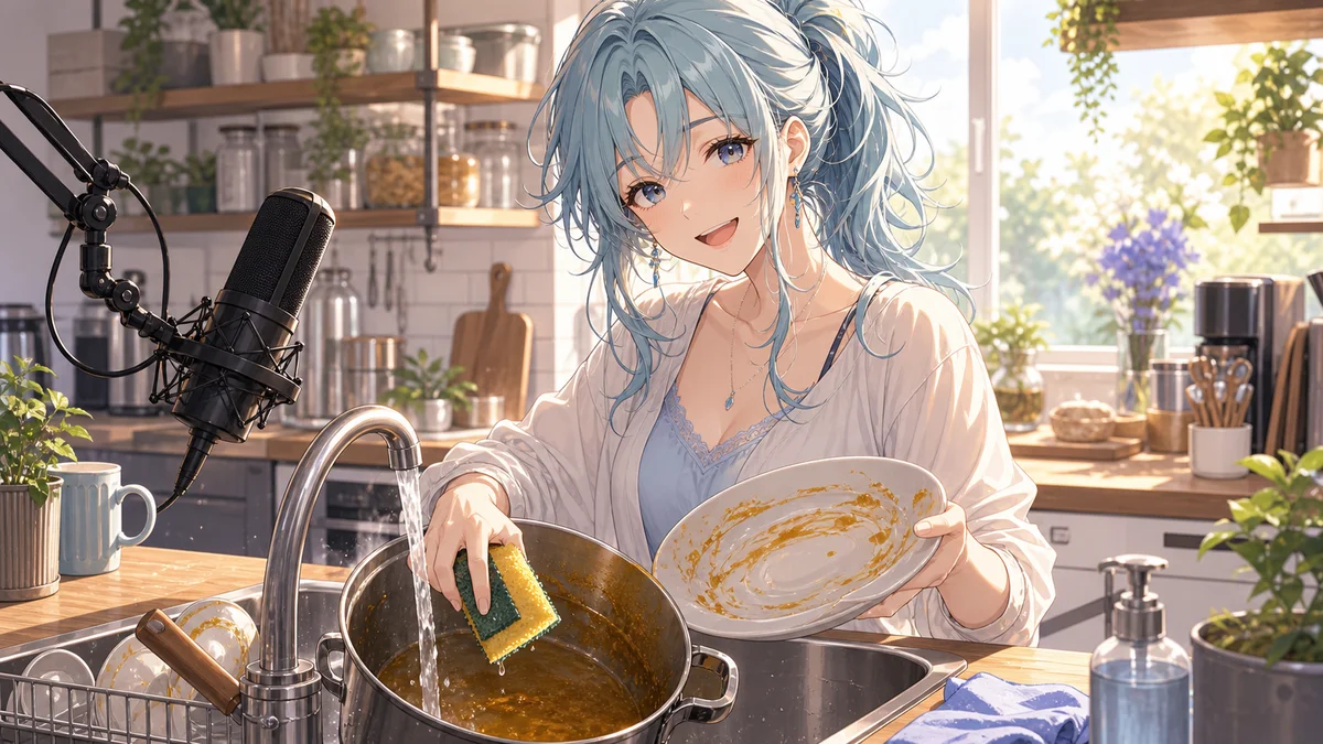 流し台の前でカレー鍋と皿を洗いながら笑う男性キャラクターのイメージ
