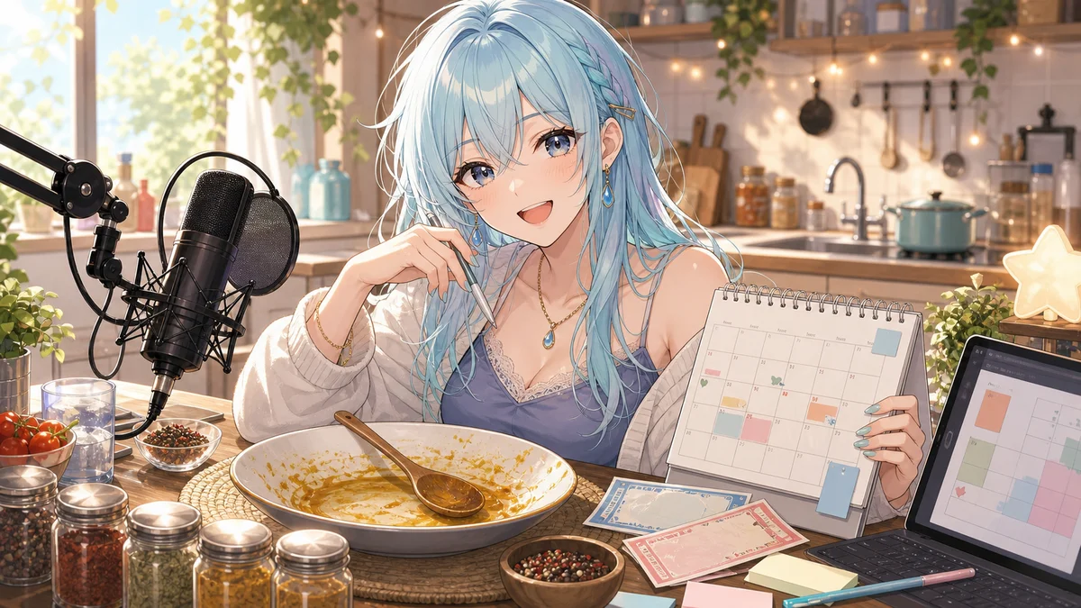 朝の配信机にカレー皿、カレンダー、ライブチケット風の小物を並べて予定を確認する男性キャラクターのイメージ