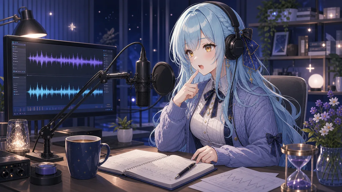 明るい配信部屋で音波モニターの見本音を確認する女性キャラクターのイメージ