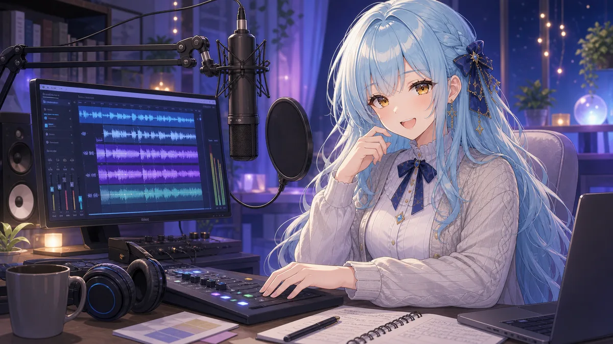 音声編集画面の抽象UIを前に録音テイクを重ねて首をかしげる女性キャラクターのイメージ