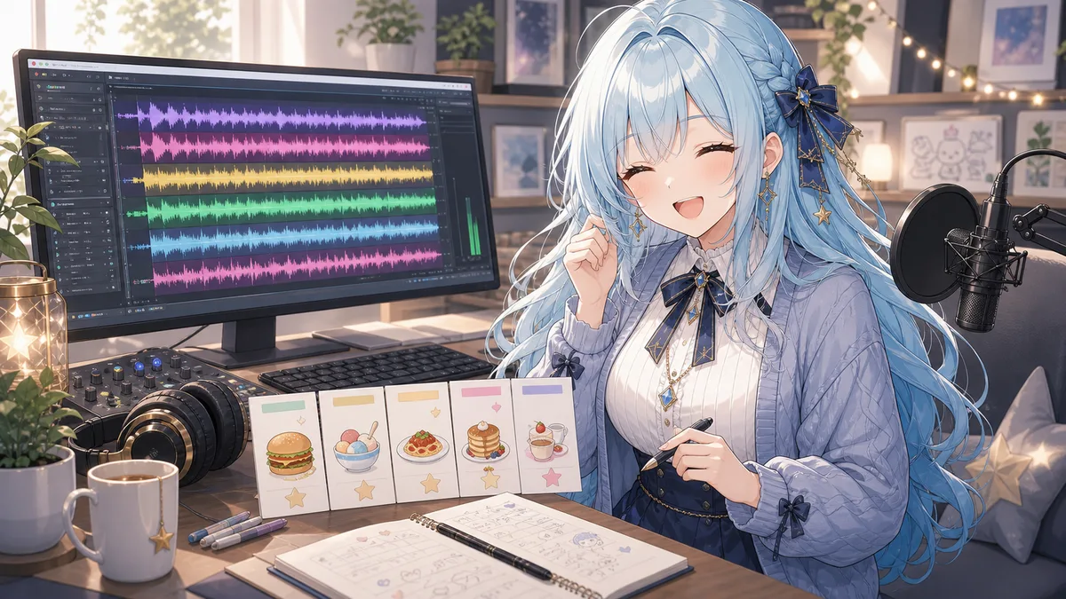 録音テイクの波形が重なる画面の前で笑いながら次の予定を示す女性キャラクターのイメージ