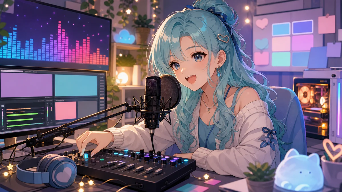 配信部屋でカラオケ画面と音量メーターを見ながらマイクを持つ女性キャラクターのイメージ