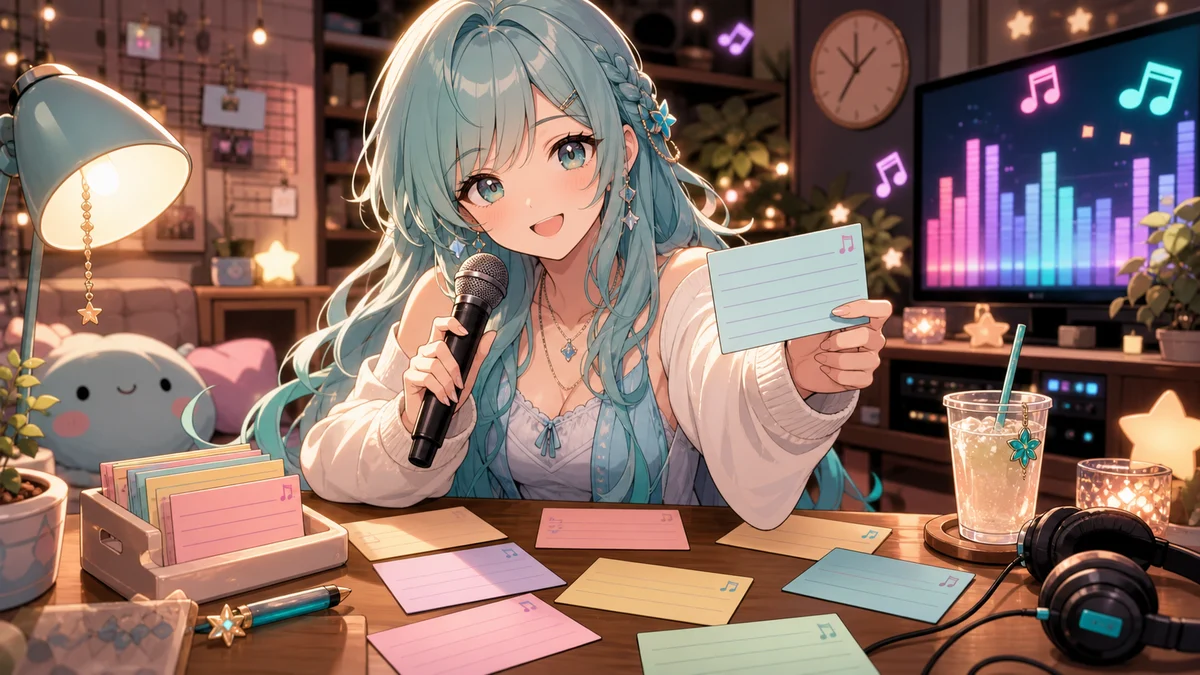 カラオケマイクと飲み物を置いた机で曲メモを整理する女性キャラクターのイメージ