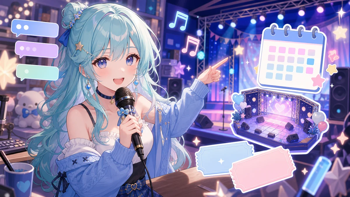 小さなライブステージとカレンダーを見ながら配信で告知する女性キャラクターのイメージ