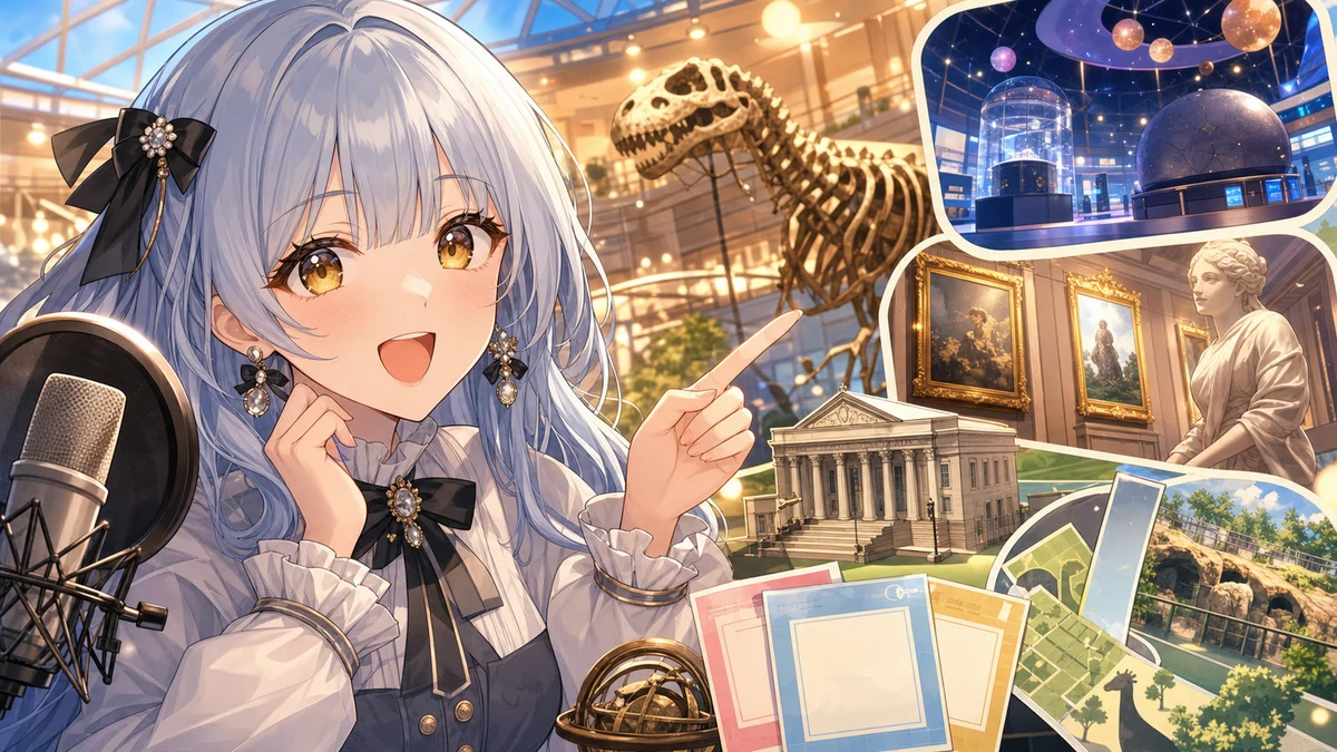 展示室と博物館の小物に囲まれて楽しそうに話す女性キャラクターのイメージ