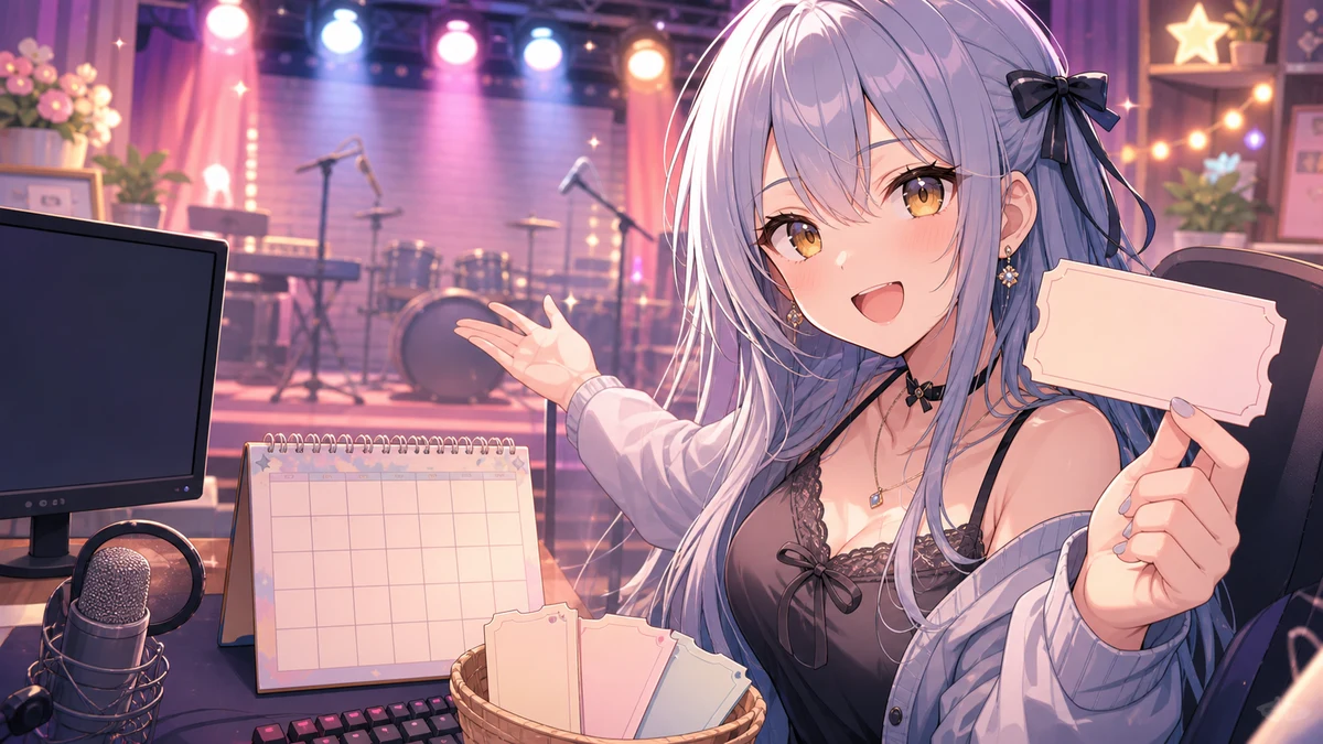 小さなライブステージとカレンダーを見ながら予定を確認する女性キャラクターのイメージ