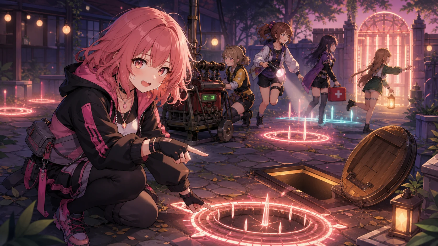 罠とハッチを警戒しながら進むオリジナル女性キャラクター