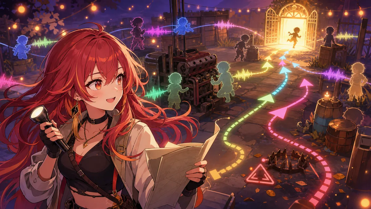 声の報告と出口までの流れを整理するオリジナル女性キャラクター