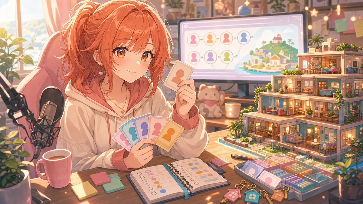 配信外のMii作成だけを共有し、島へ戻る準備をするオリジナル女性キャラクターのイメージ