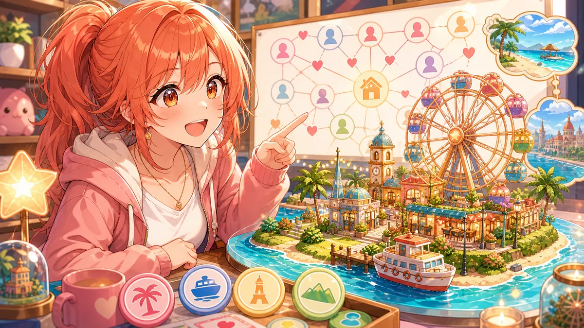 旅行ツアーと観覧車のニュースで島が広がるオリジナル女性キャラクターのイメージ