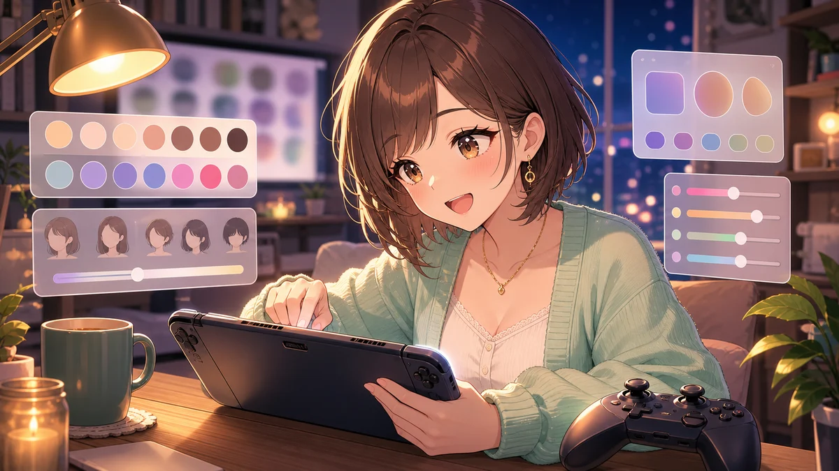 夜の配信机で携帯ゲーム機を指で操作する女性キャラクターとコーヒーのある場面